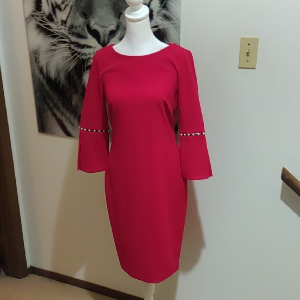 Calvin Klein Red Long Sleeve Dress with Pearl Details